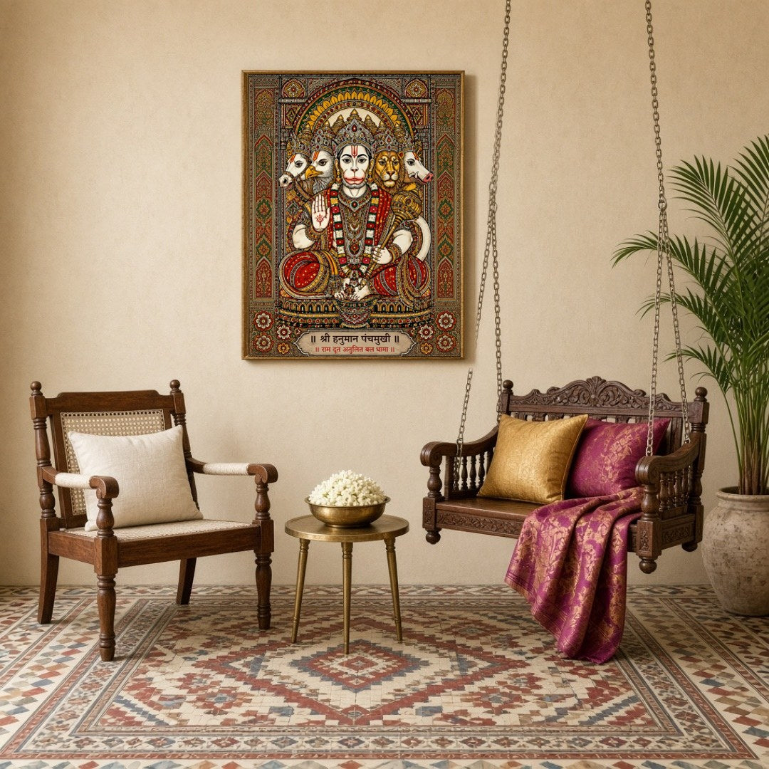 Immerse yourself in the spiritual aura of Shri Panchamukhi Hanuman, depicted with exquisite detail for Sitting Lounge