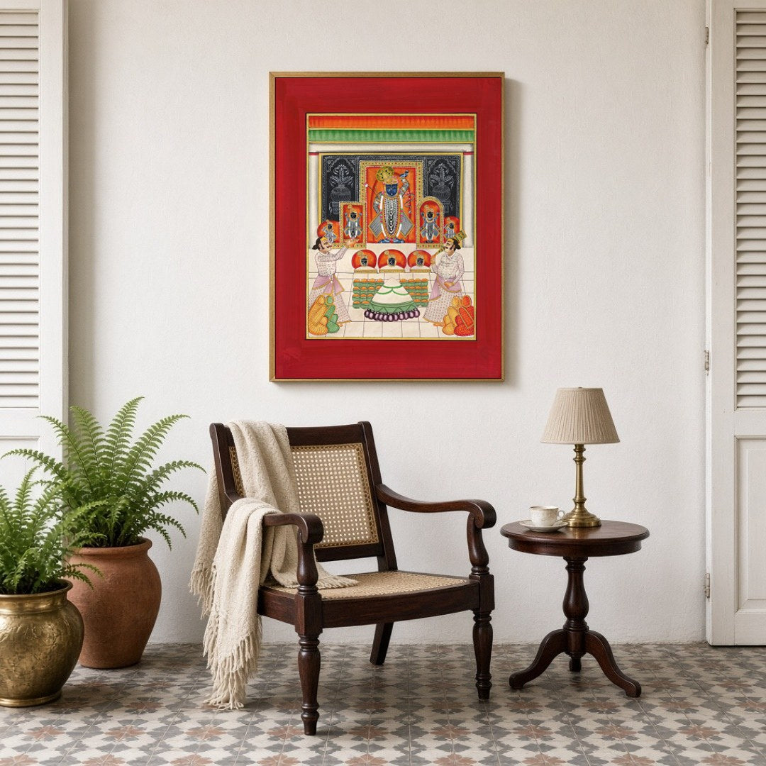 Immerse in the vibrant spirituality of Shrinathji's Annakut celebration, where devotion meets for Sitting Lounge