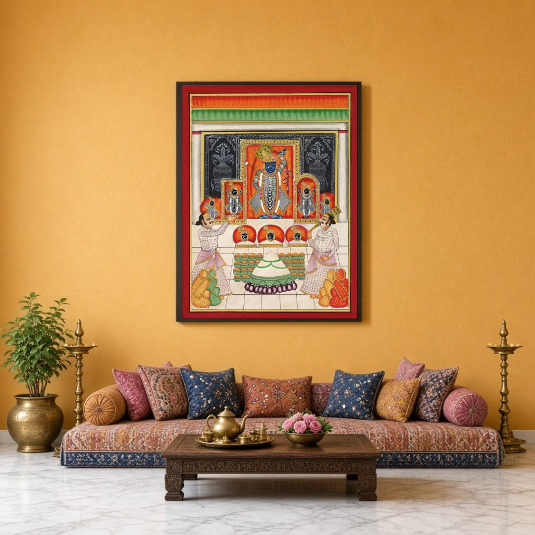 Immerse yourself in the vibrant world of Pichwai art with this exquisite depiction of Shrinathji's for Sitting Lounge