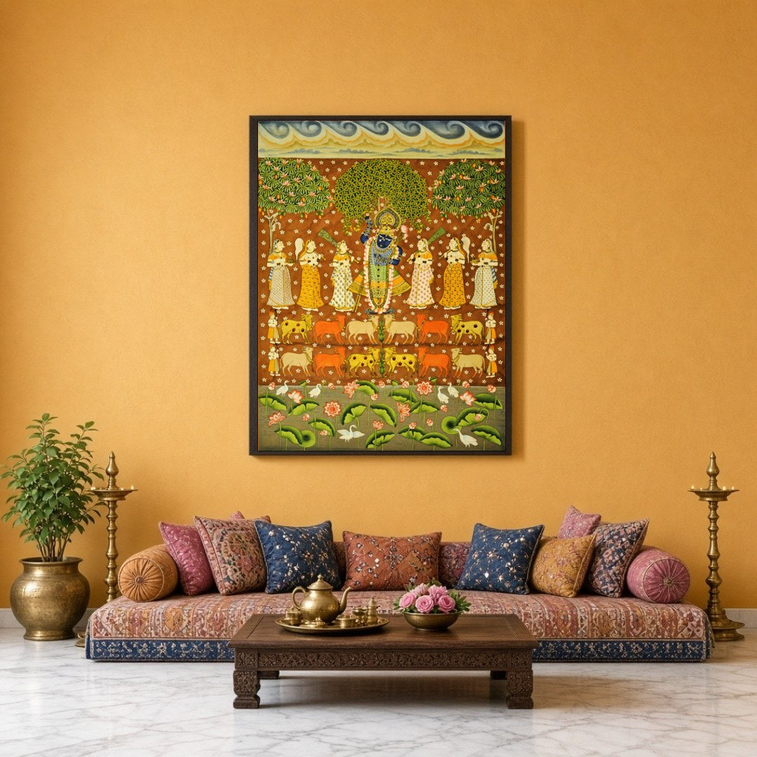 This vibrant Pichwai art piece beautifully captures Shrinathji amidst a celestial scene, surrounded for Sitting Lounge