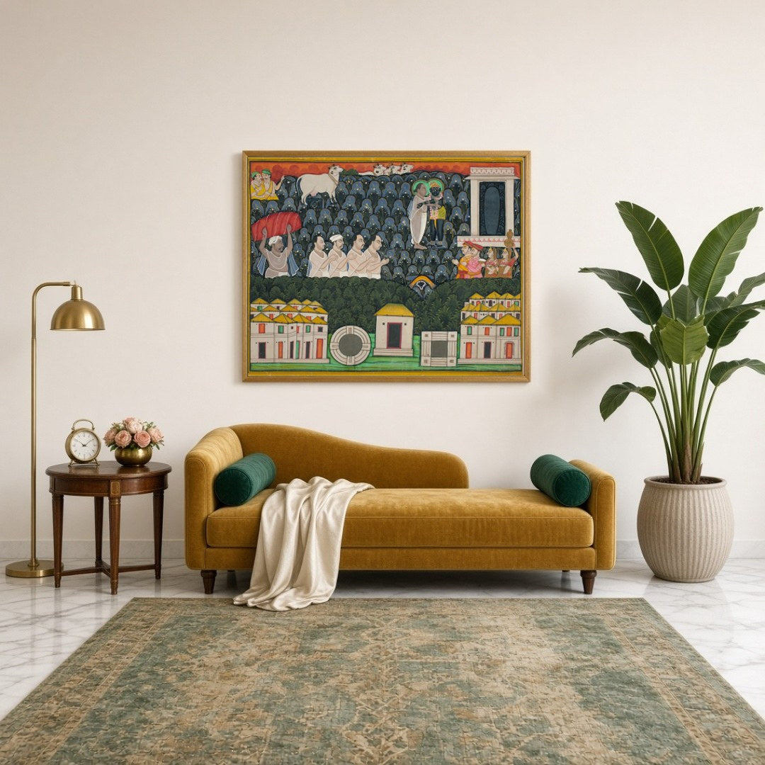 Immerse yourself in the divine narrative depicted in this exquisite Pichwai art, showcasing for Sitting Lounge
