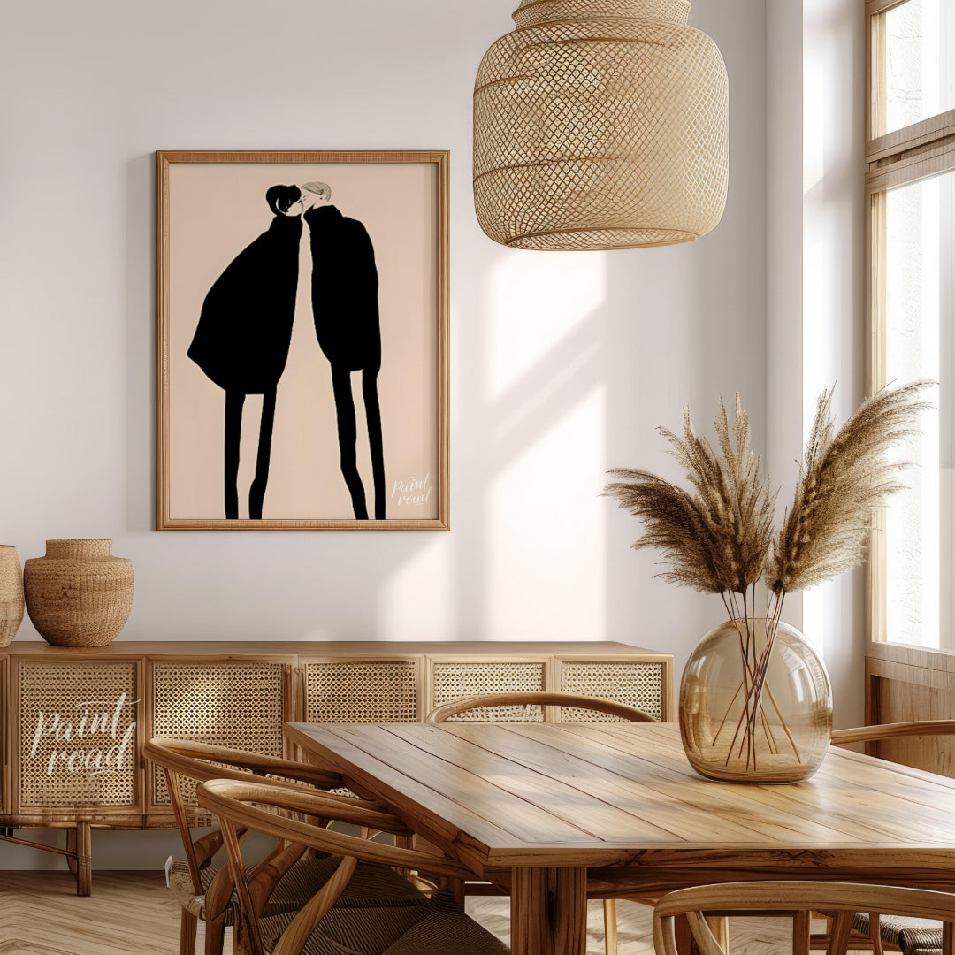"""Silent Encounter"" presents a minimalist illustration of two figures in close proximity, rendere… for dining room
