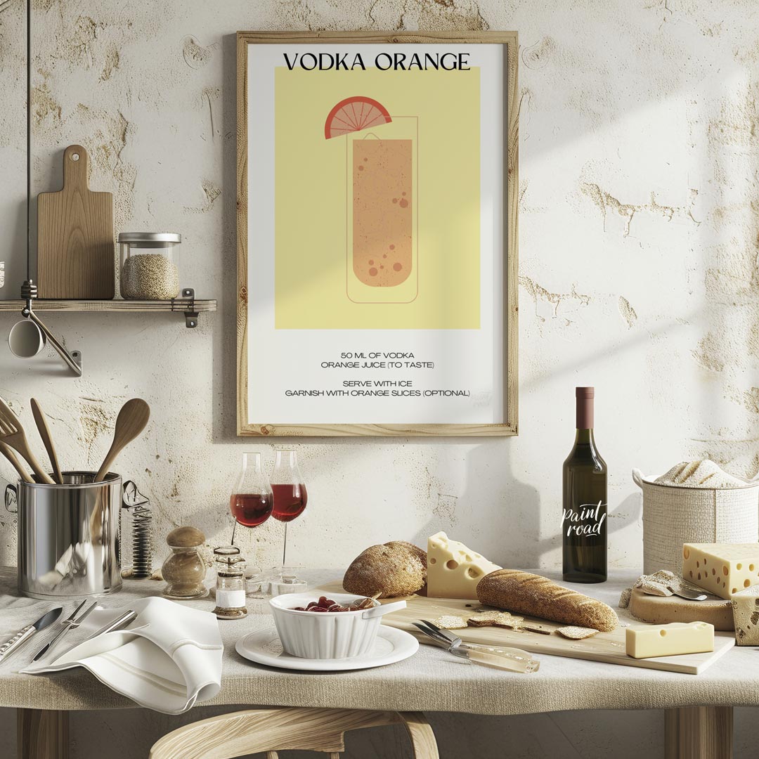 This minimalist and vibrant poster features a clean illustration of a classic Vodka Orange cocktail… for kitchen