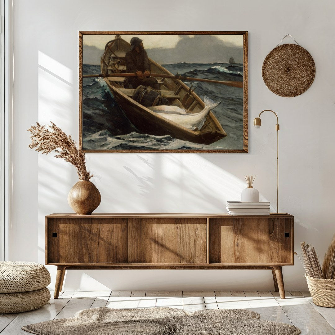 Dive into the turbulent seas with this captivating maritime artwork. A solitary fisherman navigates for Sitting Area