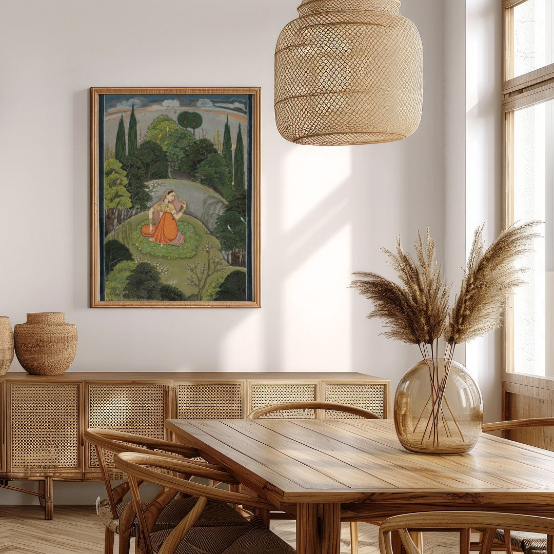 Discover the serenity captured in this Mughal miniature painting, featuring a woman in traditional for Extra Kitchen