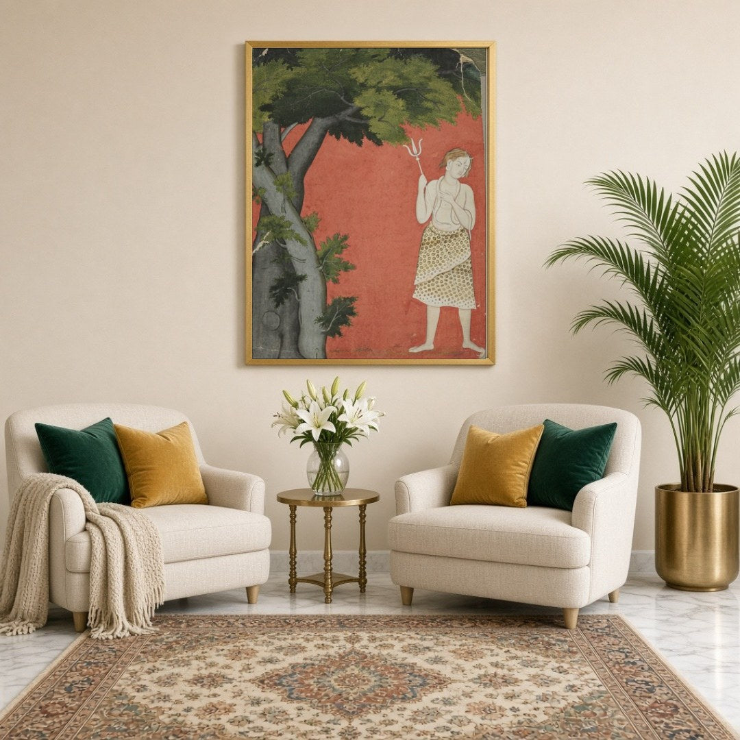 Discover the serene presence of Lord Shiva standing gracefully beneath a sprawling tree against a for Sitting Lounge