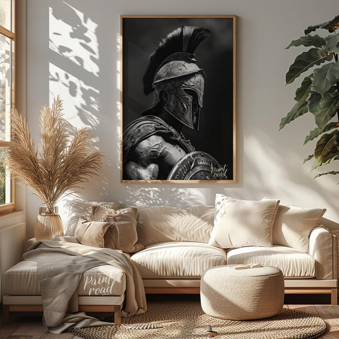 Spartan Warrior Painting available online at Paintroad showing ancient Greece battle ready and black and white