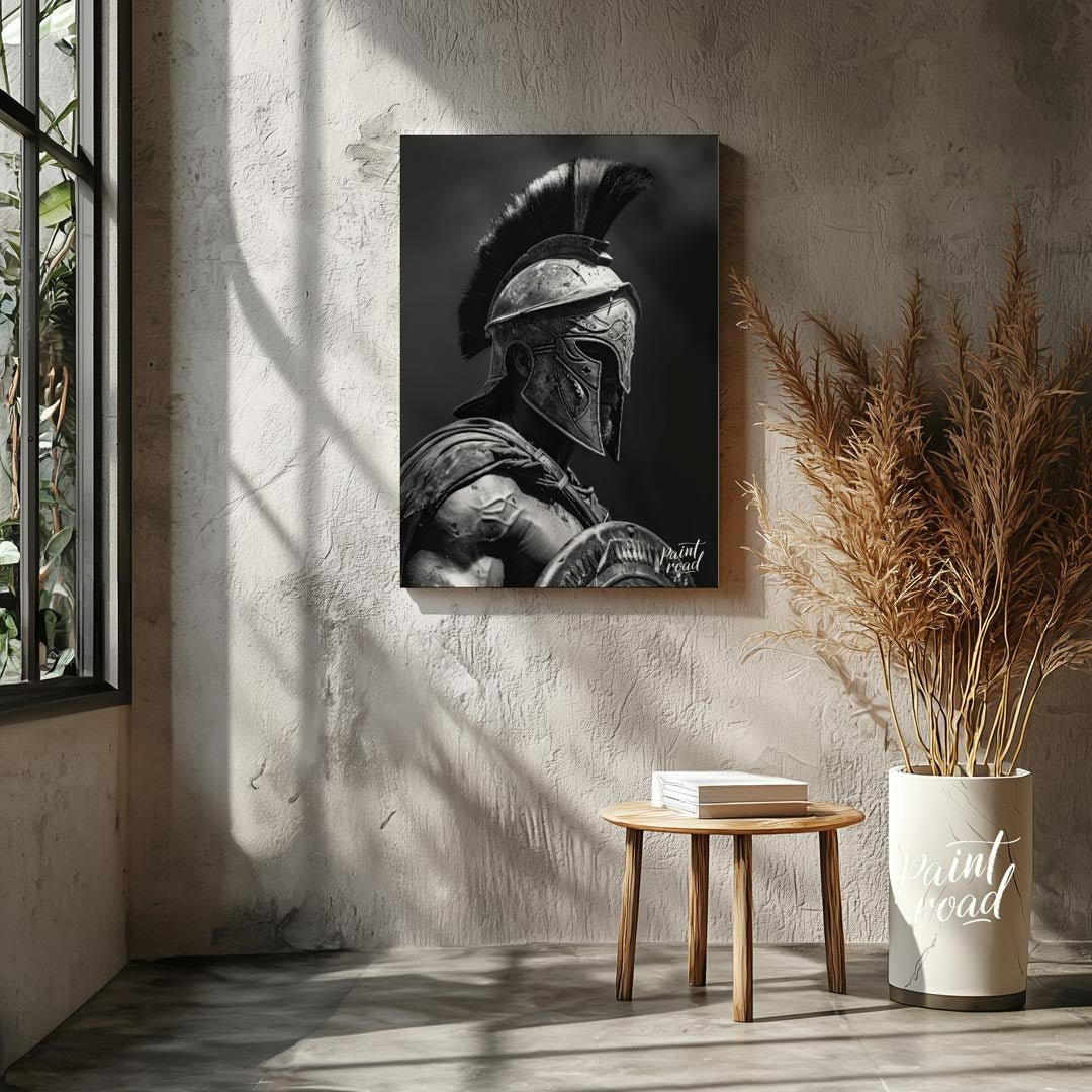 Spartan Warrior Painting available online at Paintroad showing ancient Greece battle ready and black and white