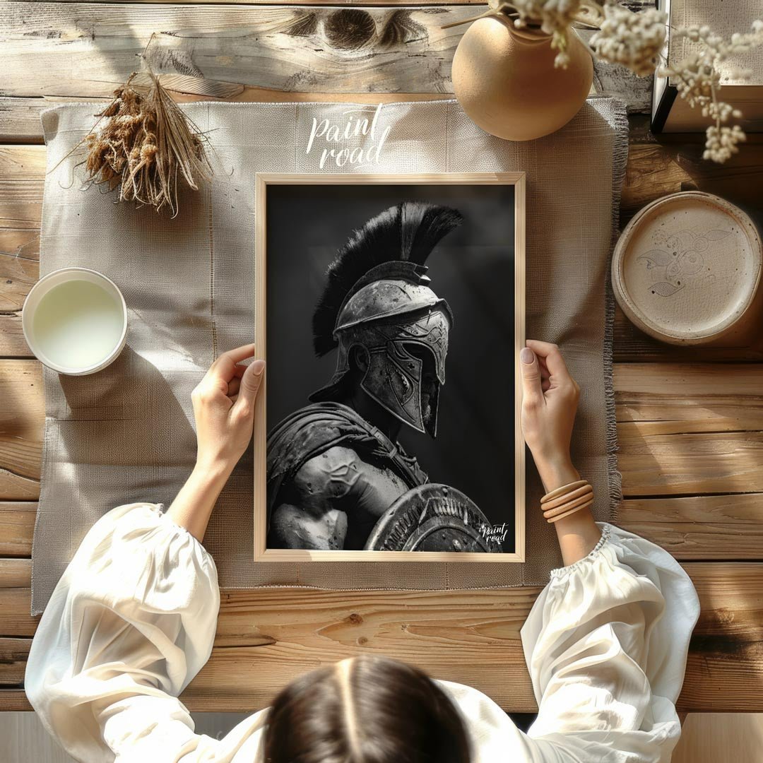 Spartan Warrior Painting available online at Paintroad showing ancient Greece battle ready and black and white