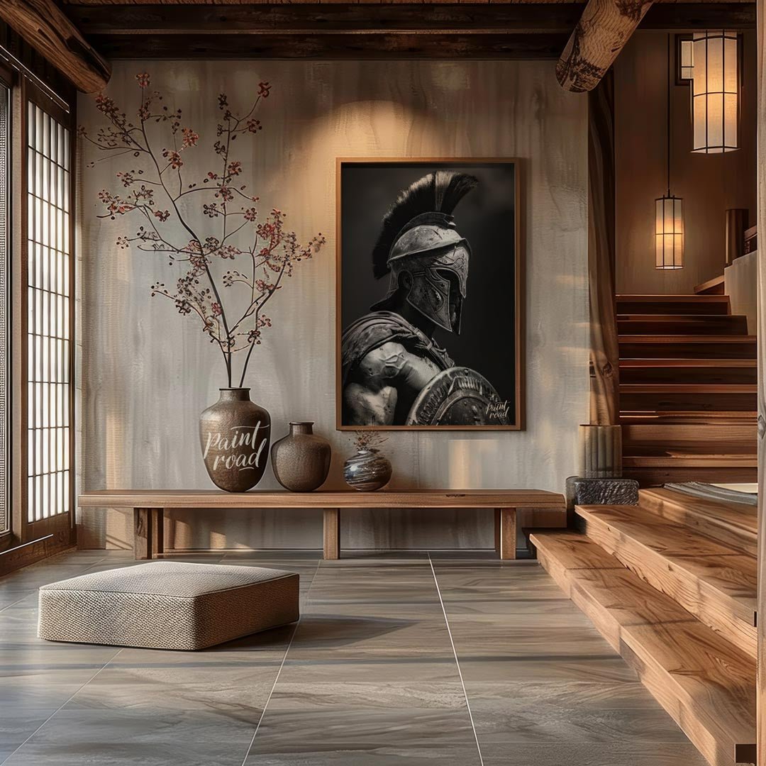 Spartan Warrior Painting available online at Paintroad showing ancient Greece battle ready and black and white