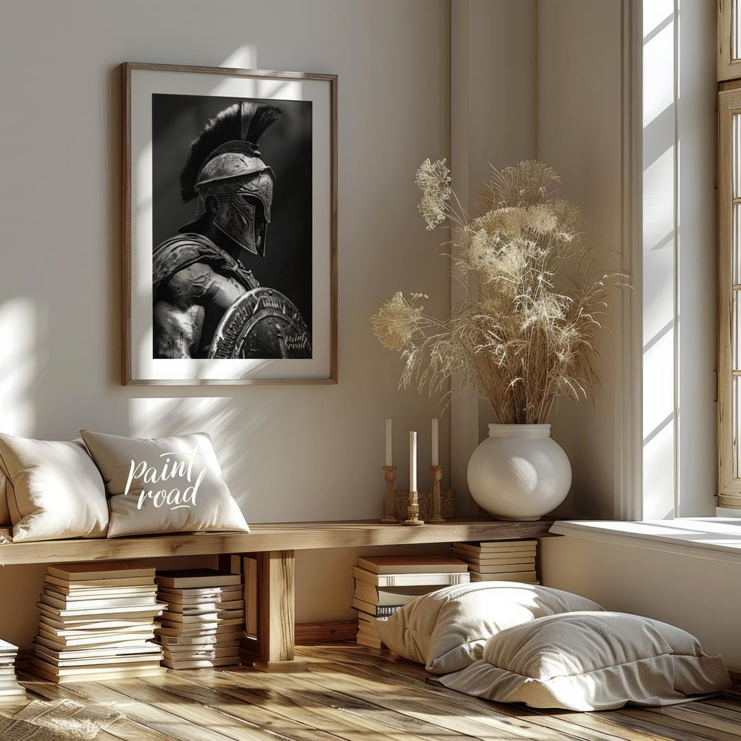 Spartan Warrior Painting available online at Paintroad showing ancient Greece battle ready and black and white