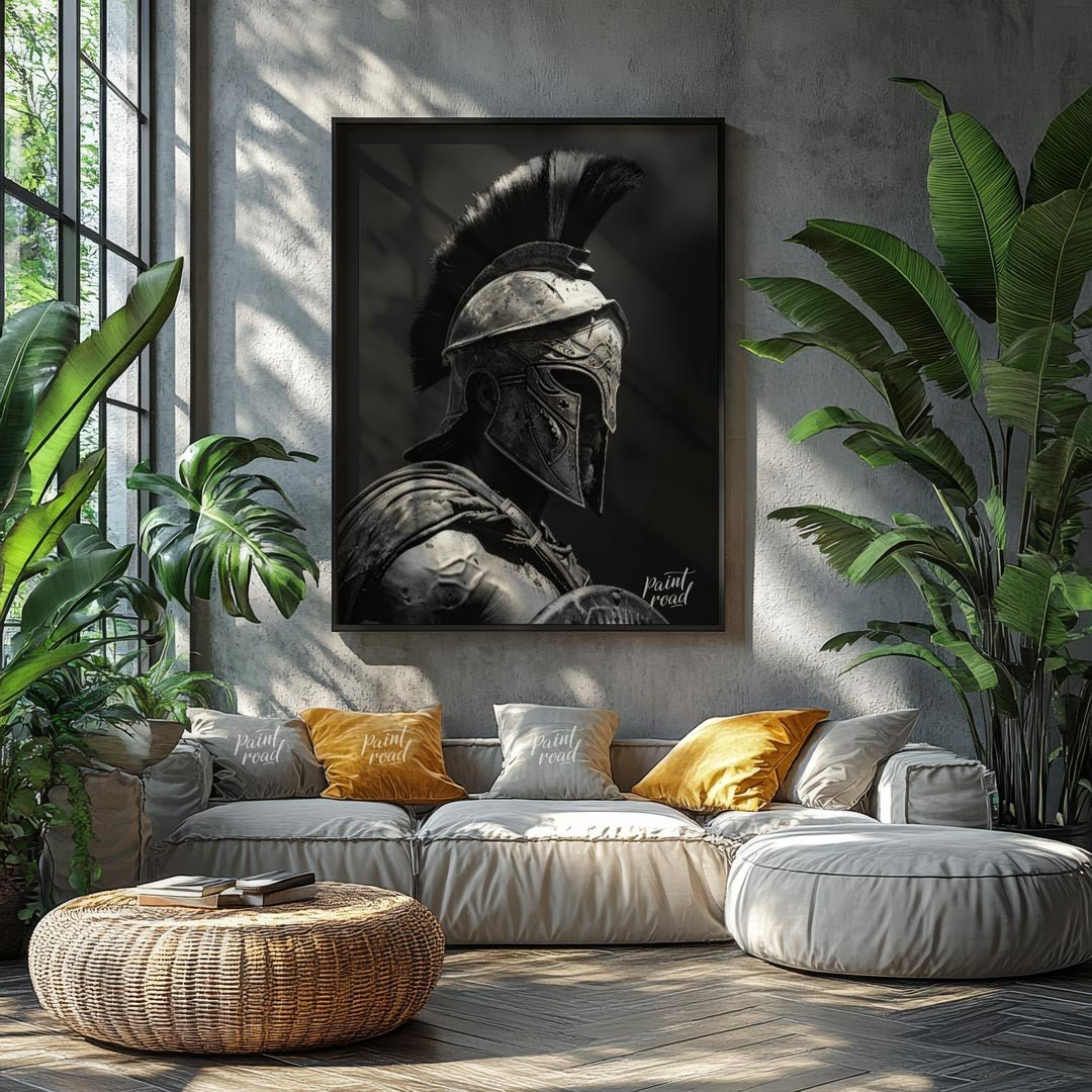 Spartan Warrior Painting available online at Paintroad showing ancient Greece battle ready and black and white