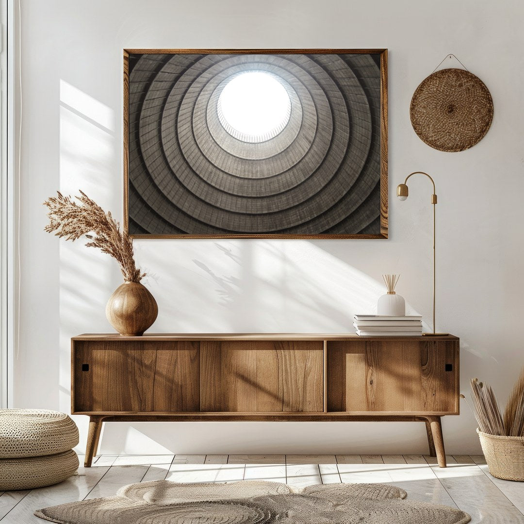 Experience the mesmerizing depth and architectural beauty of this fine art piece, 'Spiral Ascent.' for Sitting Area