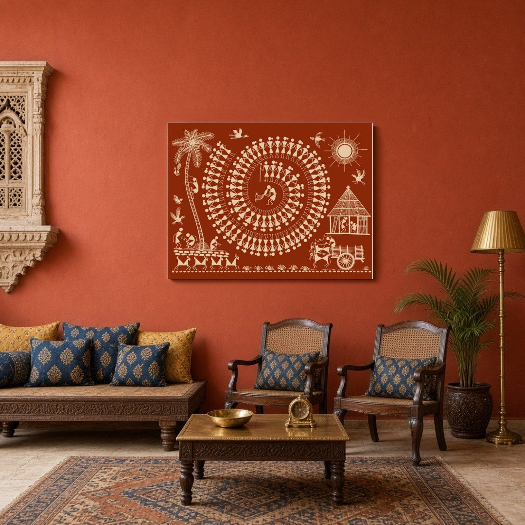 Experience the vibrant energy of village life captured in this intricate Warli art piece. The for Sitting Area