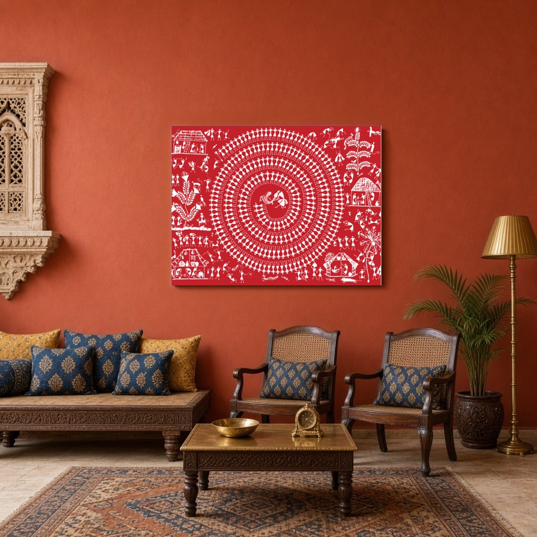 Immerse yourself in the rhythmic elegance of Warli art with this captivating depiction of village for Sitting Area