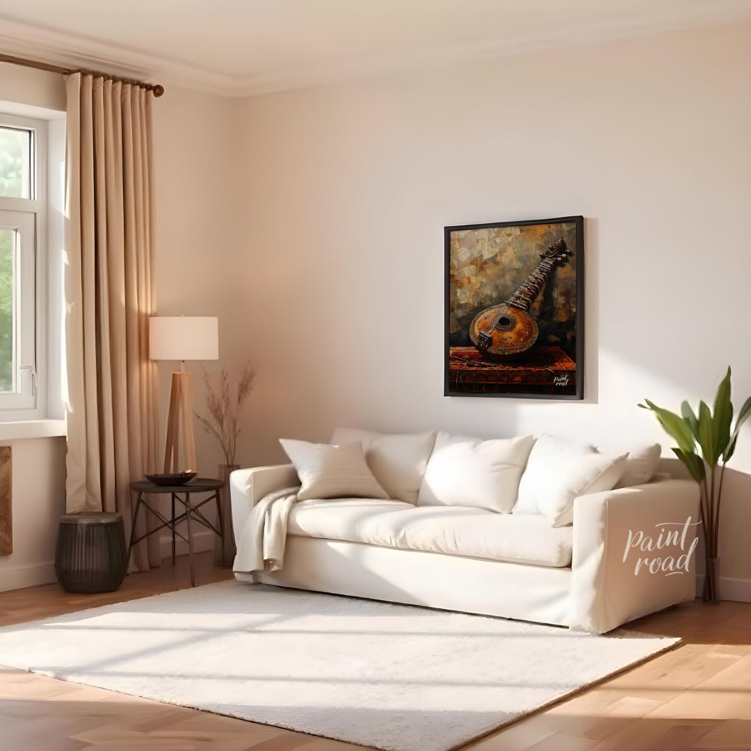 "Strings of Heritage" captures the timeless elegance of a vintage Indian sitar, resting atop a rich… for living room