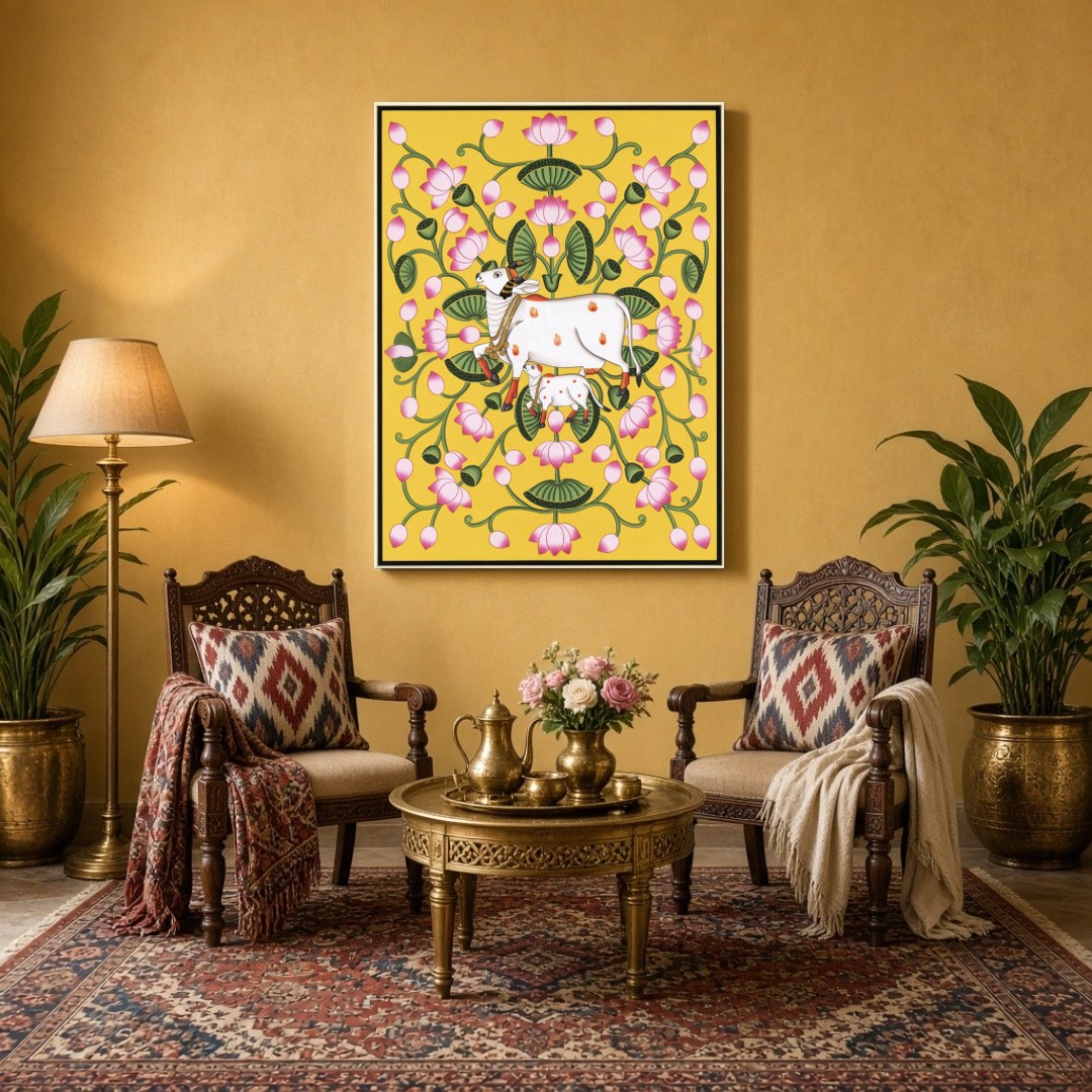 Immerse yourself in the tranquil beauty of Pichwai art with this ethereal depiction of Kamdhenu and for Sitting Area