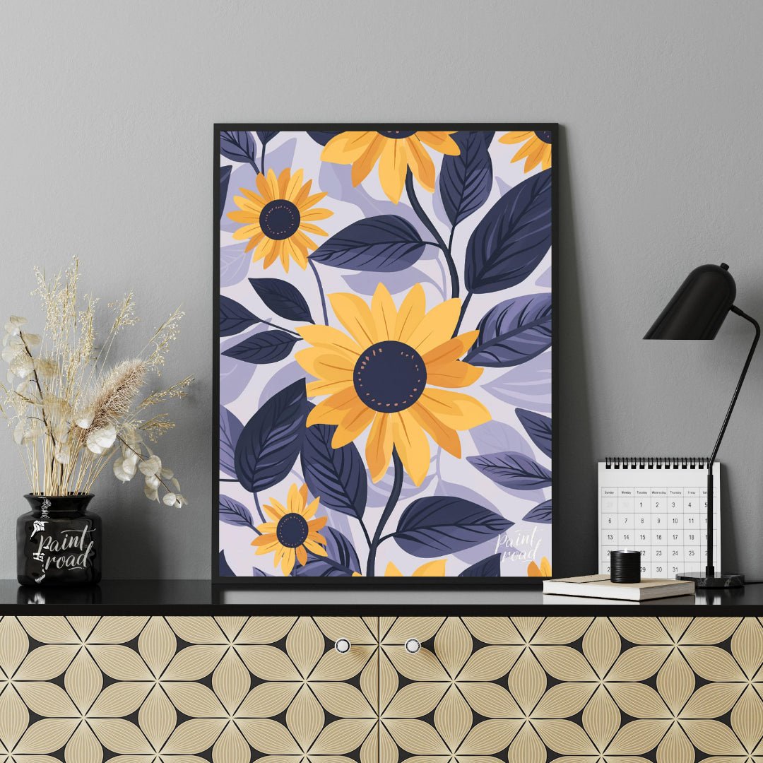 This vibrant digital pattern features stylized sunflowers with bright yellow petals and dark navy c… for office