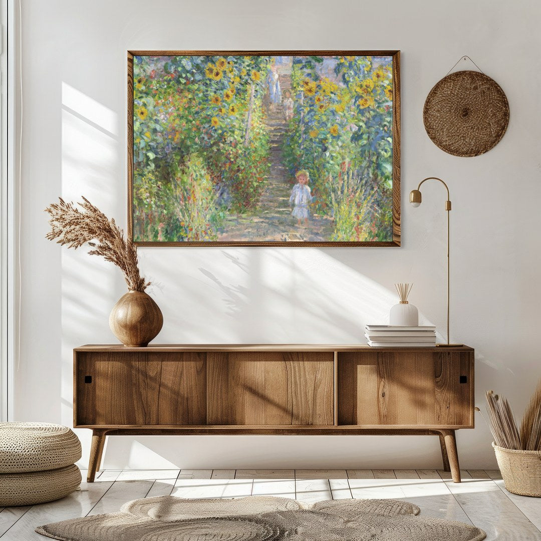 Immerse yourself in the serene beauty of a sun-dappled garden pathway lined with vibrant for Sitting Area