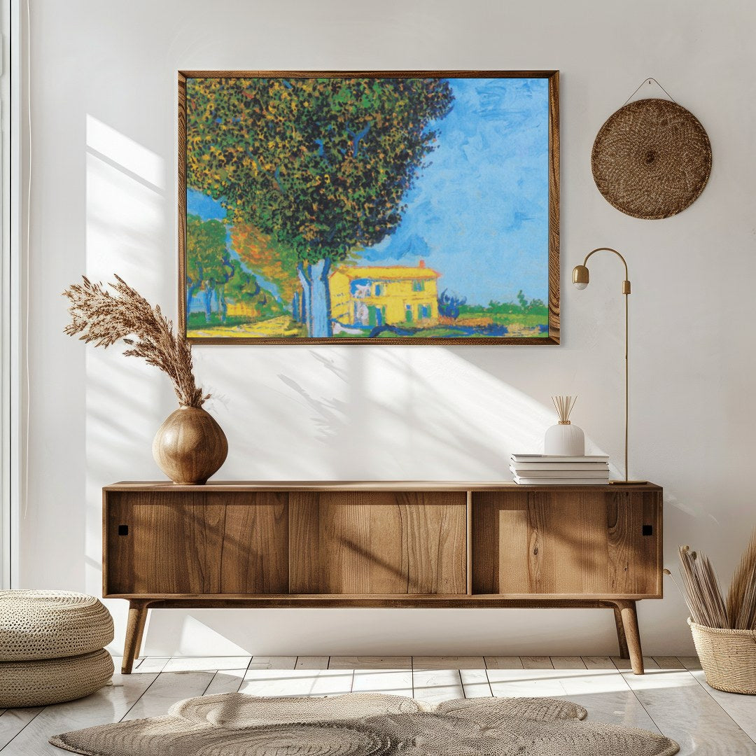 Experience the tranquility of a sunlit house nestled in a serene landscape. This artwork captures for Sitting Area