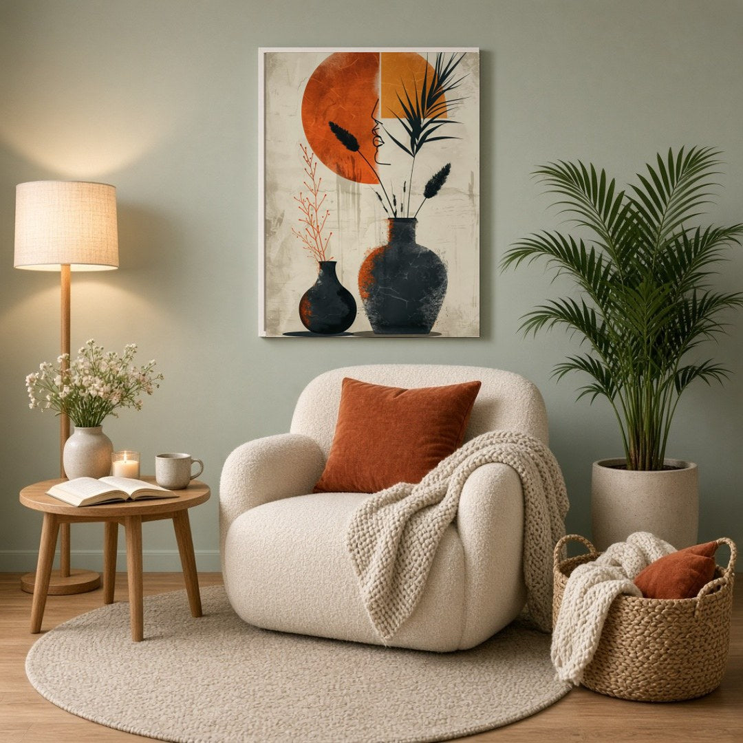 Embrace the elegance of minimalism with this striking art print featuring two terracotta vases for Reading Nook