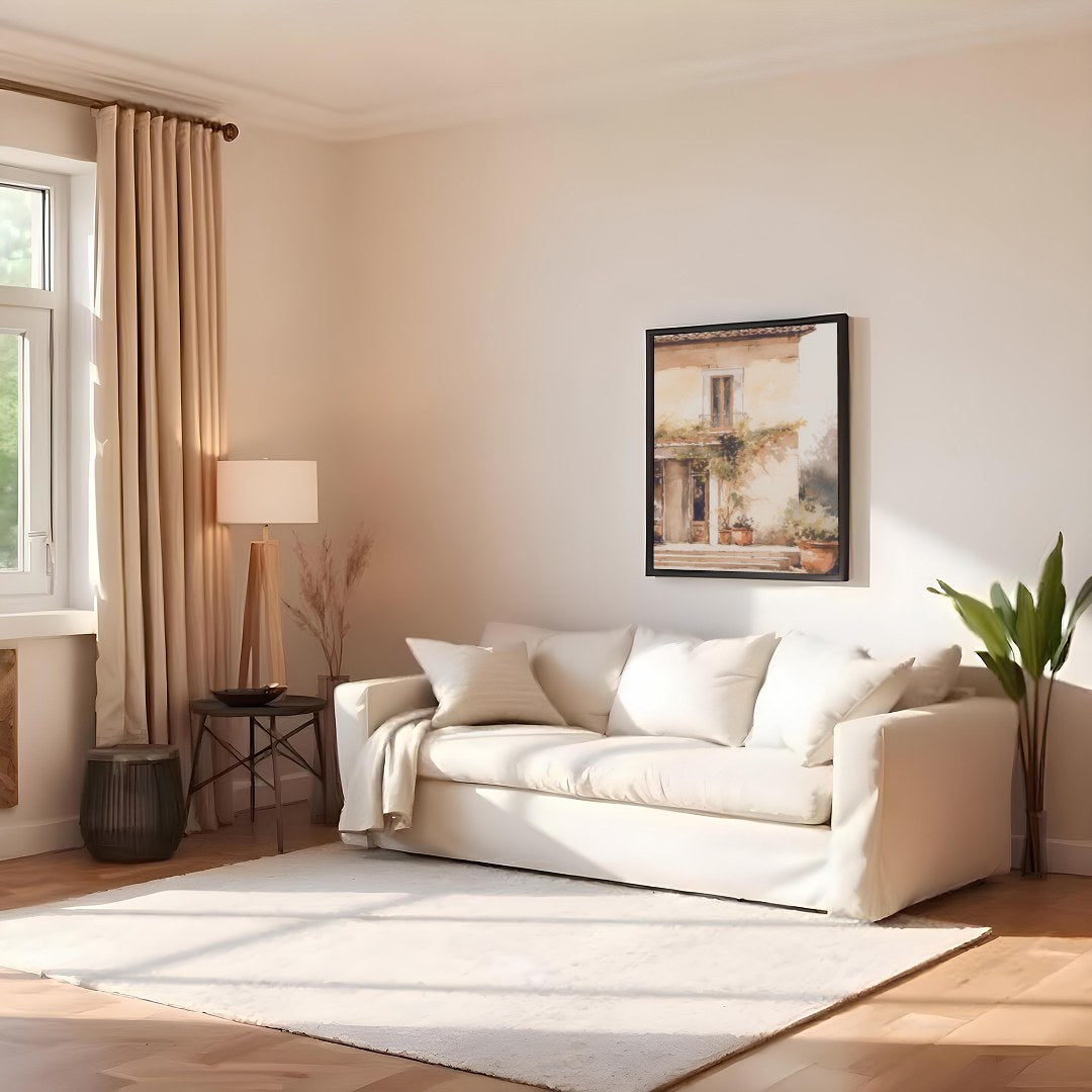 Capture the serenity and warmth of a sun-kissed villa with this exquisite watercolor painting. Its for Family Room