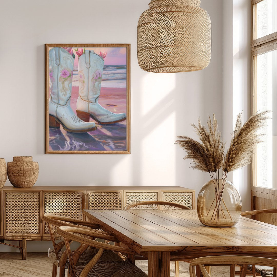 This whimsical artwork captures white cowboy boots filled with delicate pink flowers set against a for Extra Kitchen