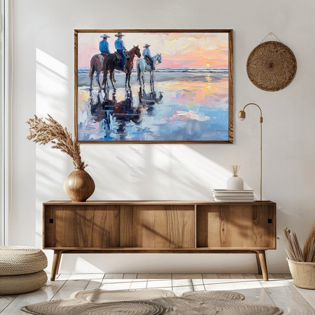 Capture the serene beauty of the coast with this impressionistic artwork featuring three horseback for Sitting Area