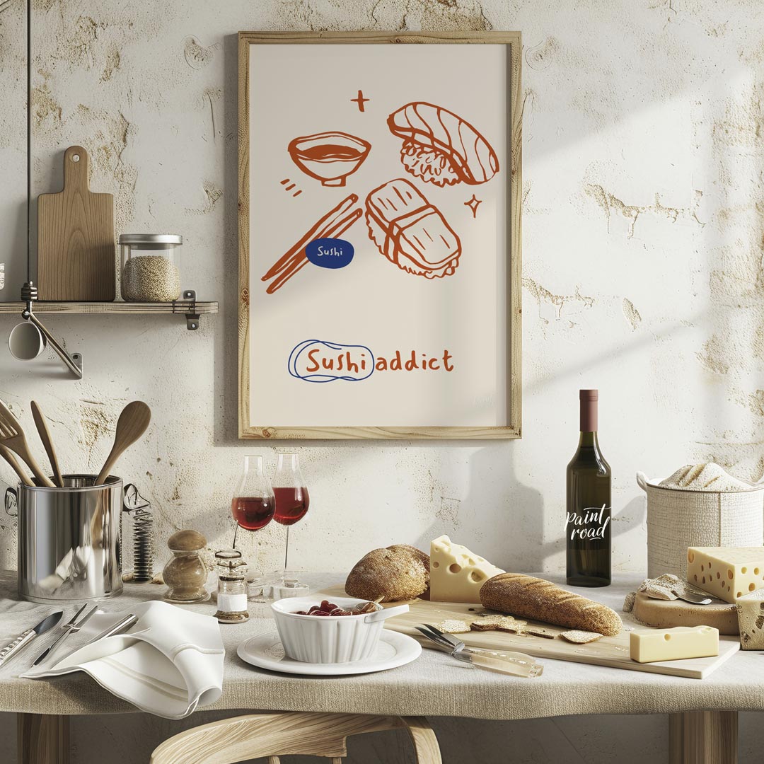 This playful and vibrant poster celebrates the love for sushi with its distinctive line art illustr… for kitchen