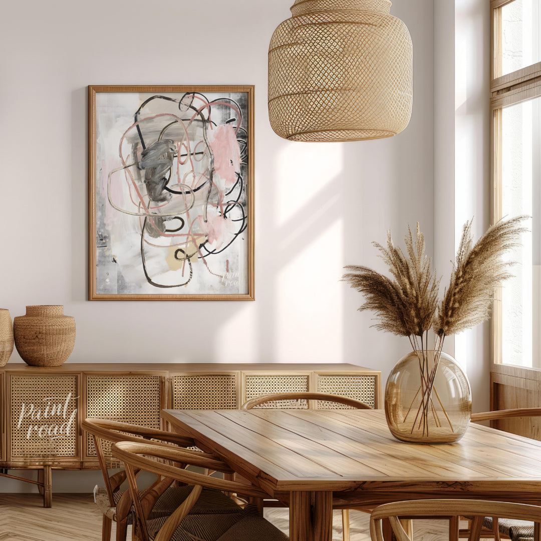 """Tangled Whispers"" presents an abstract composition with a dynamic interplay of gestural lines a… for dining room
