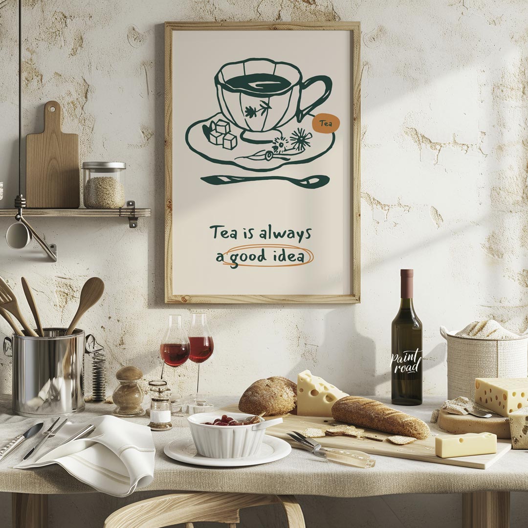 An elegant line art drawing of a teacup on a saucer, accompanied by sugar cubes and a spoon, graces… for kitchen