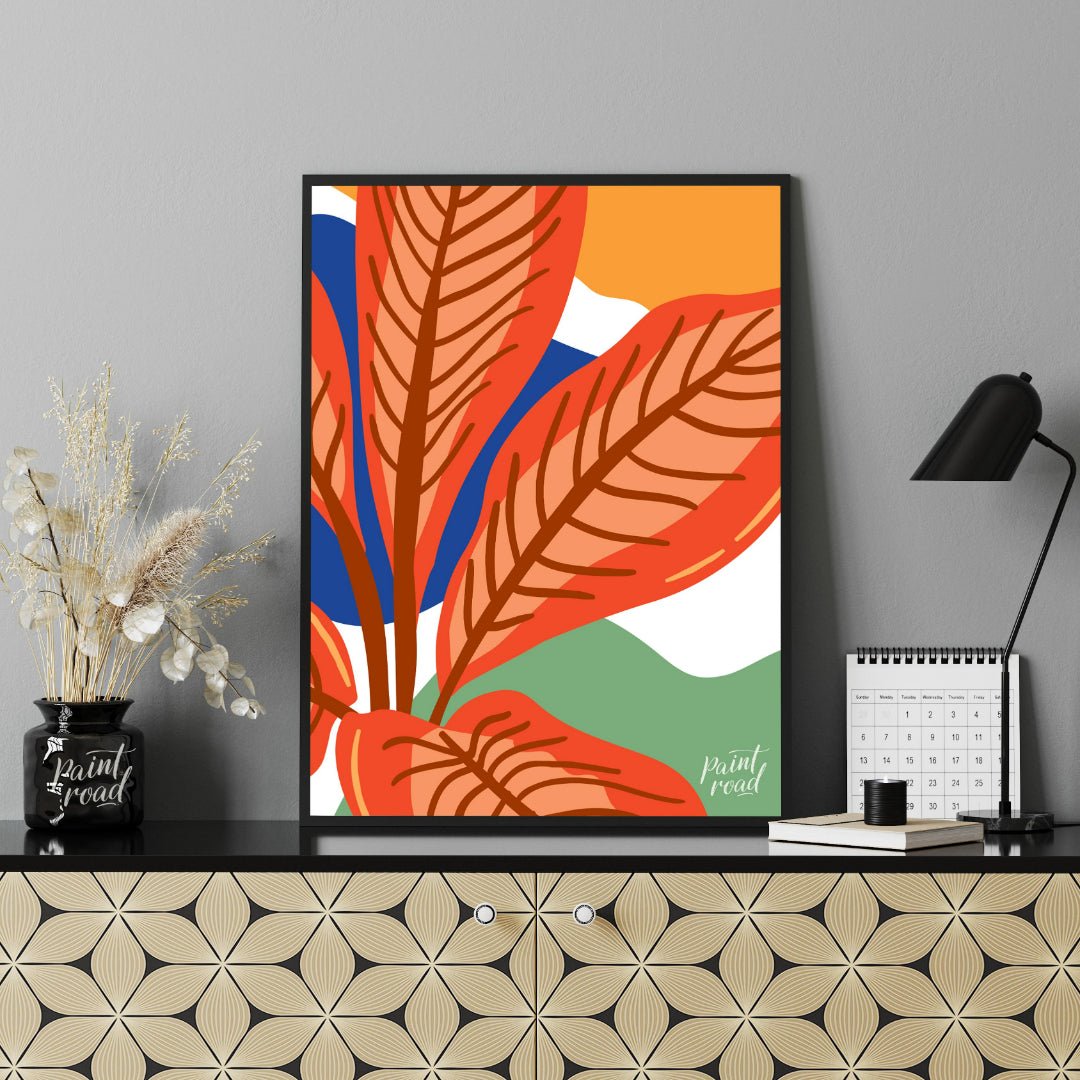 This vibrant digital illustration features stylized leaves in warm terracotta tones, set against a … for office