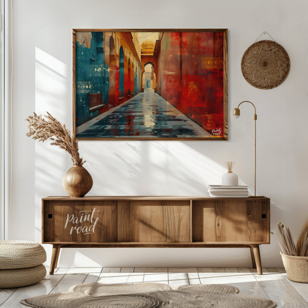 This captivating image showcases a narrow alleyway in a vibrant Indian city. The walls are adorned … for living room
