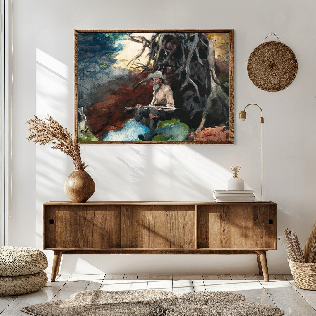 Immerse yourself in the tranquility of nature with this captivating artwork featuring a lone hunter for Sitting Area