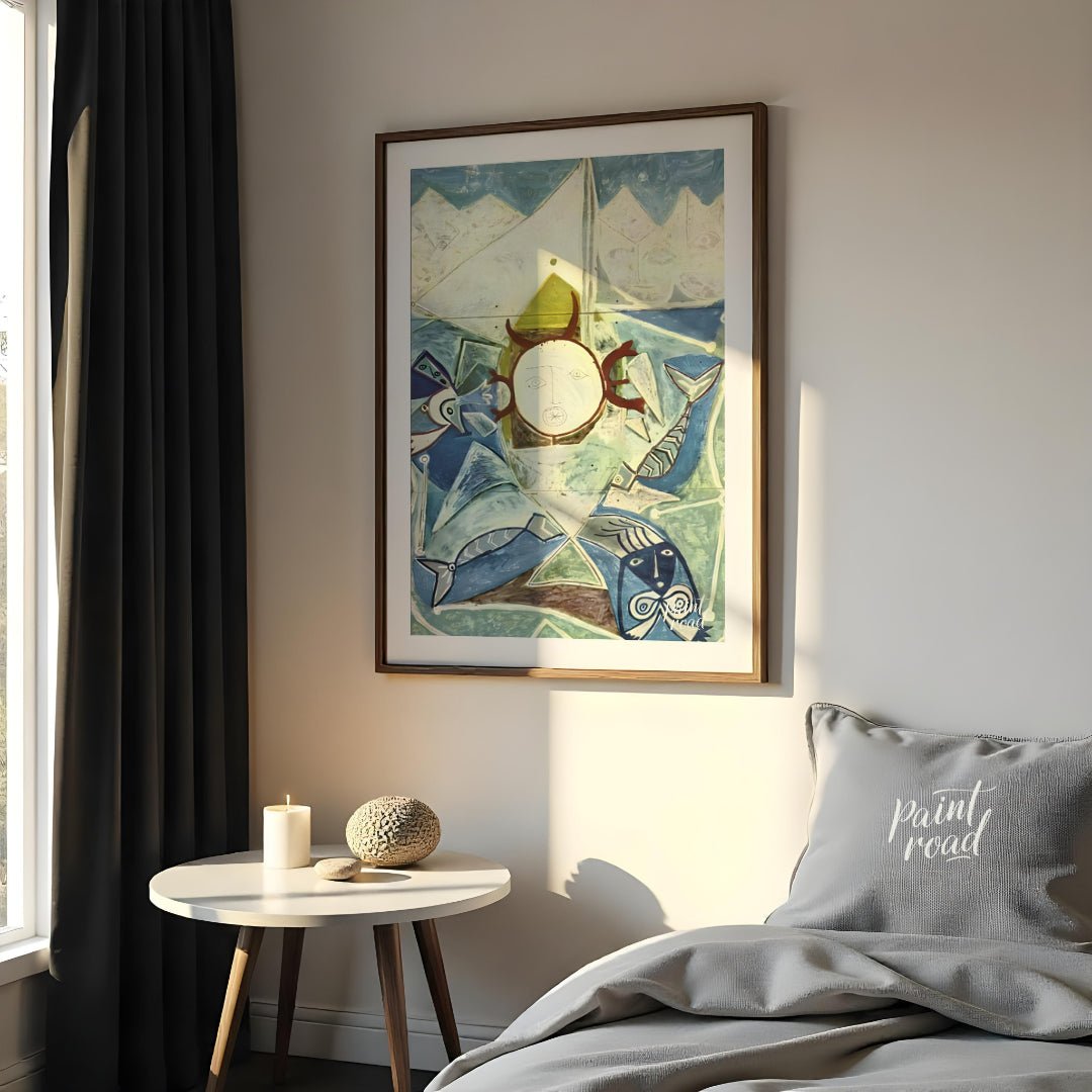This striking vertical artwork, possibly by Pablo Picasso, depicts a whimsical and abstract interpr… for bedroom