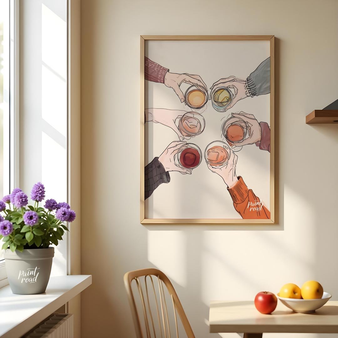 A vibrant still life painting captures the essence of spring. A glass of wine rests on a table ador… for dining room