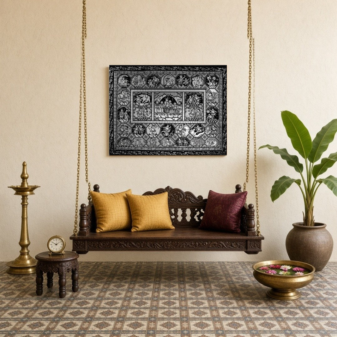 Experience the enchanting narrative of Krishna and Radha in this stunning black and white for Sitting Lounge