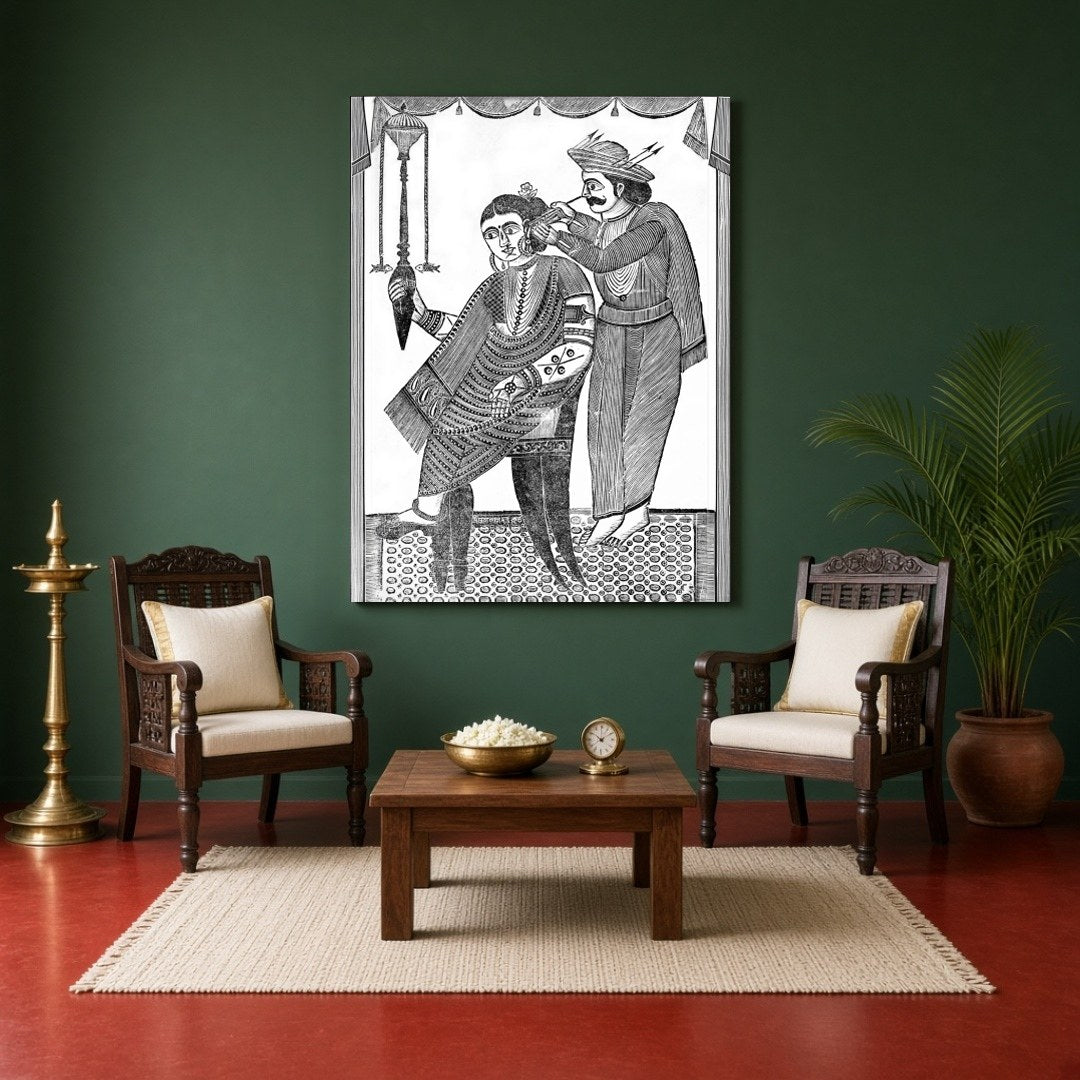 This exquisite piece captures a moment of delicate care, rendered in the distinctive Kalighat for Sitting Area