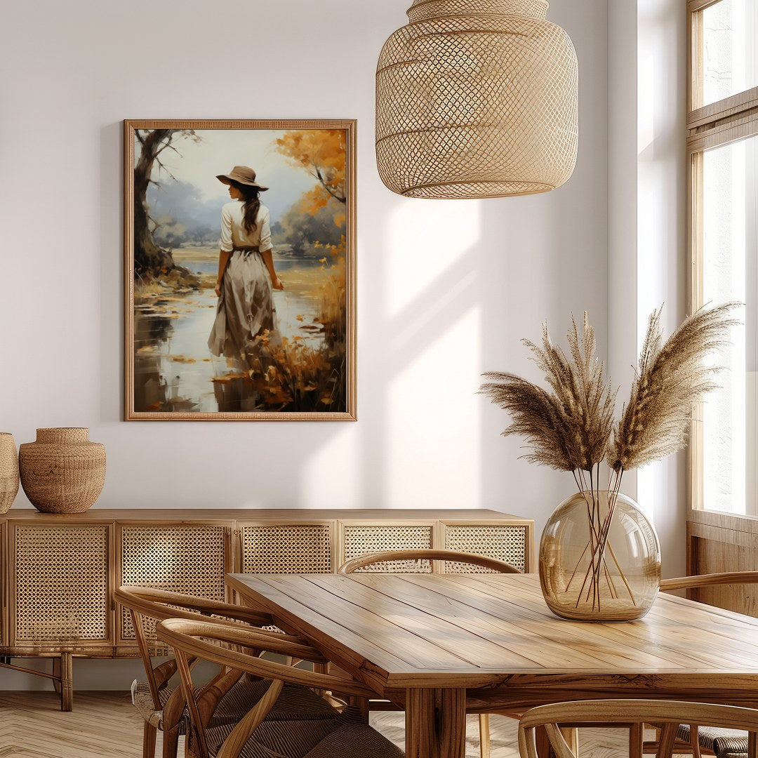 Capture the serene beauty of autumn with this elegant piece, showcasing a solitary figure amidst a for Extra Kitchen