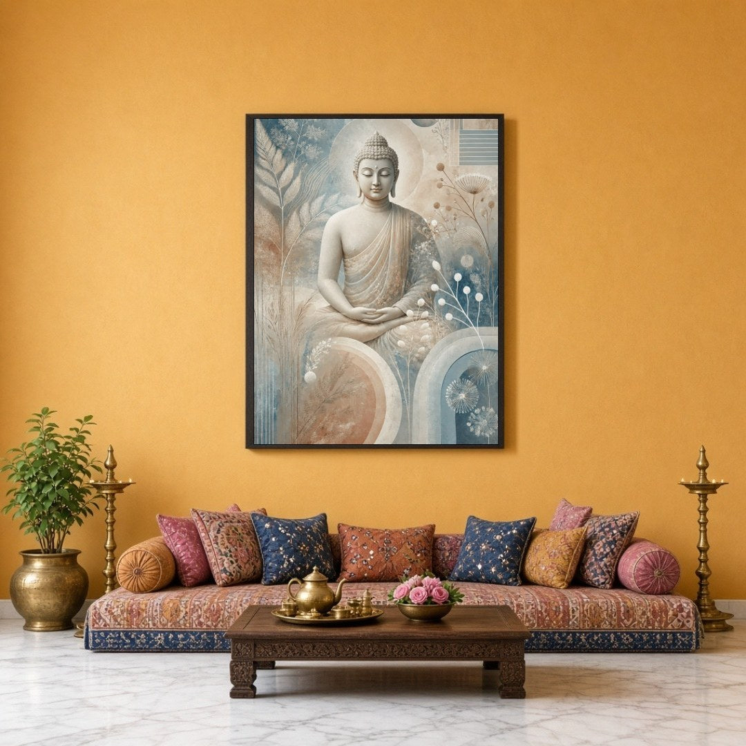 Immerse yourself in serenity with this captivating depiction of Lord Buddha, gracefully seated for Sitting Lounge