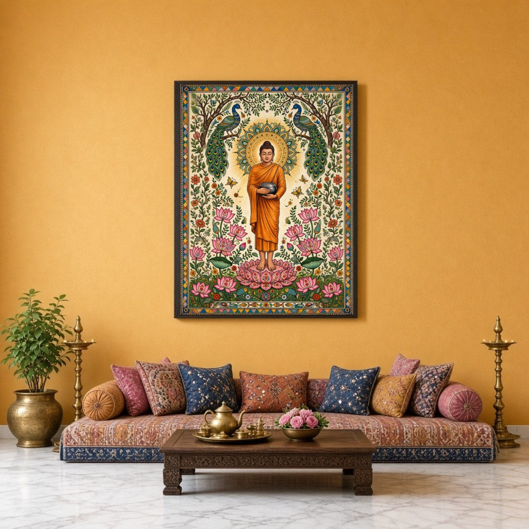 Immerse yourself in serenity with this exquisite artwork depicting Lord Buddha standing gracefully for Sitting Lounge