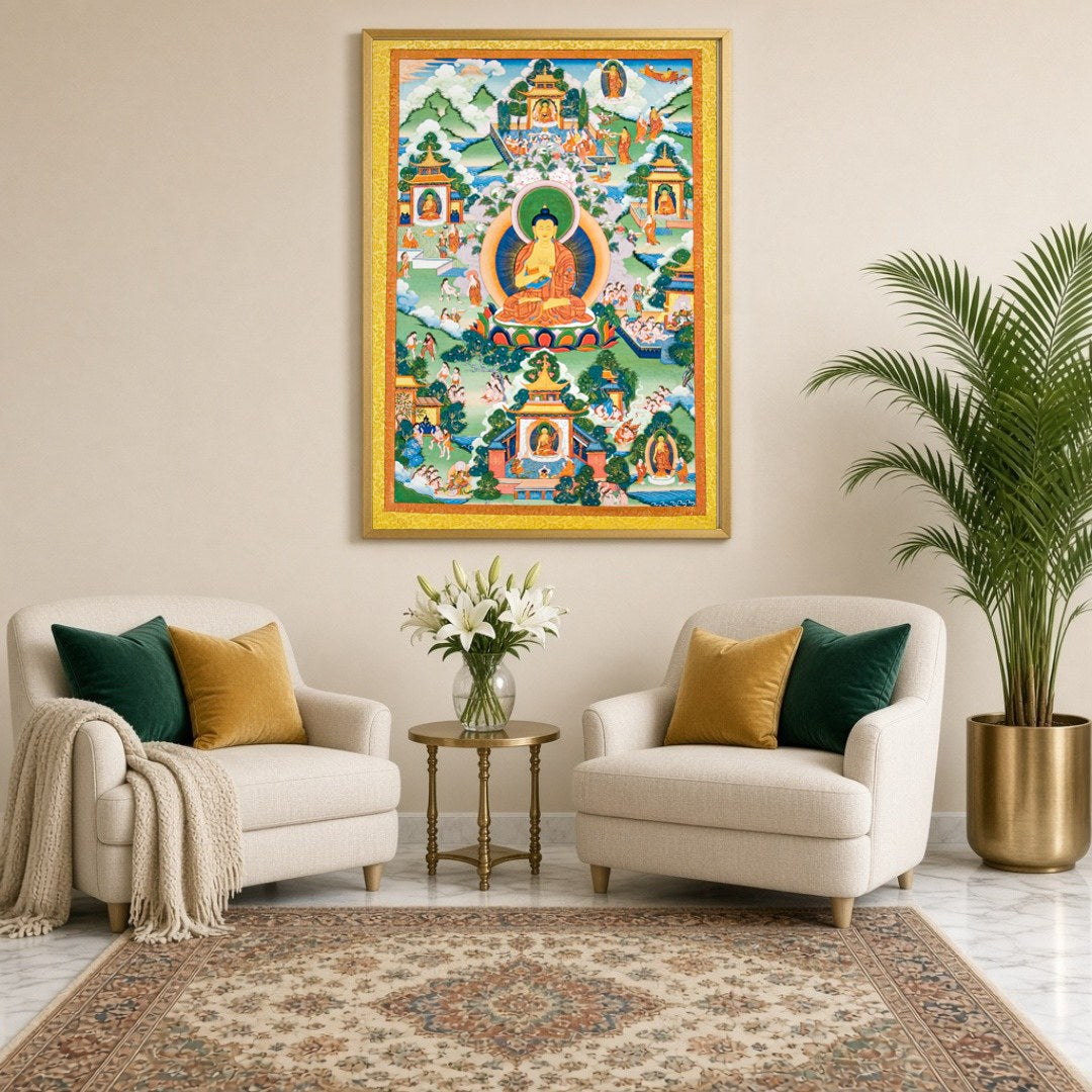 Immerse your space in serene spirituality with this captivating artwork depicting a tranquil Buddha for Sitting Lounge