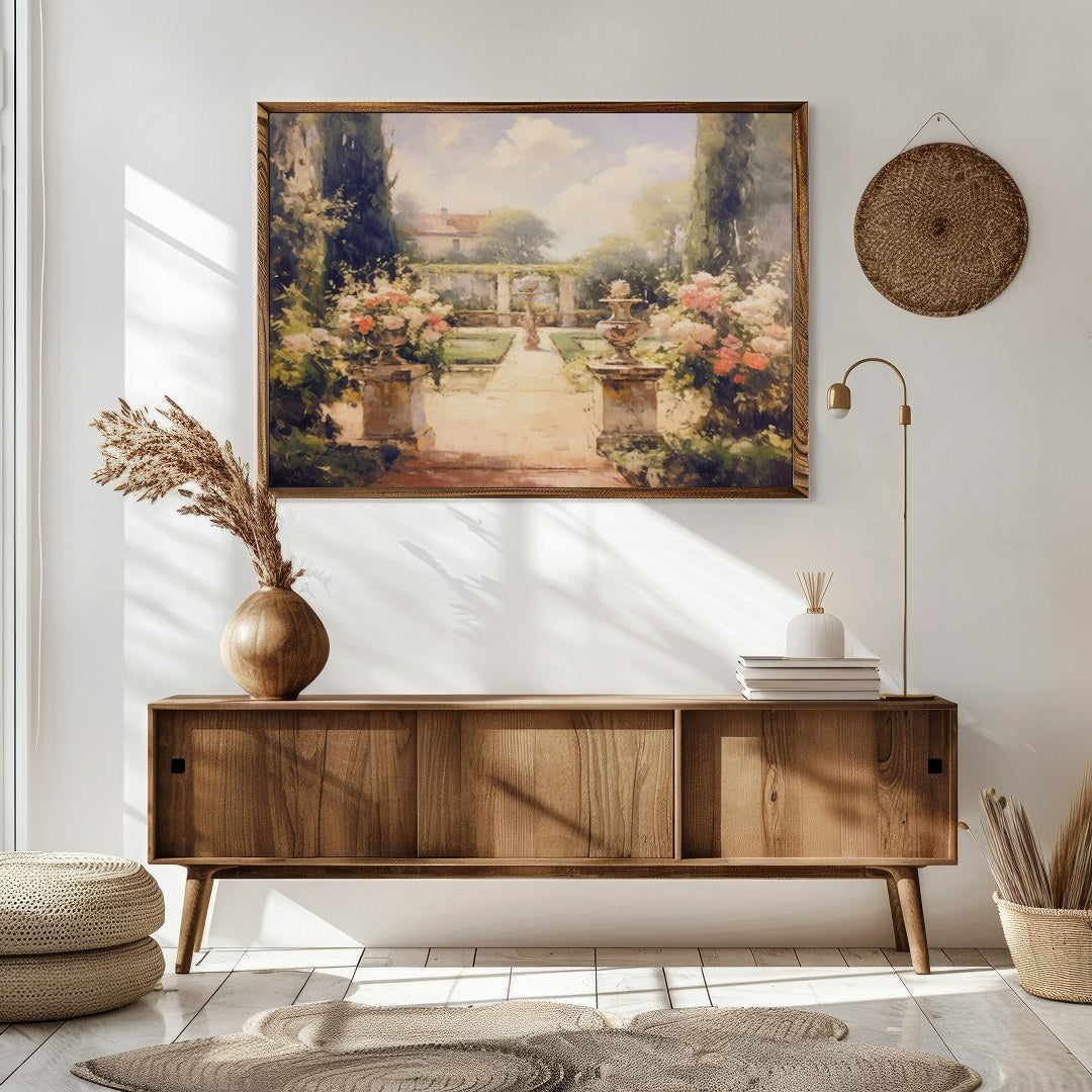 Immerse yourself in serenity with this captivating garden scene. The painting beautifully captures for Sitting Area