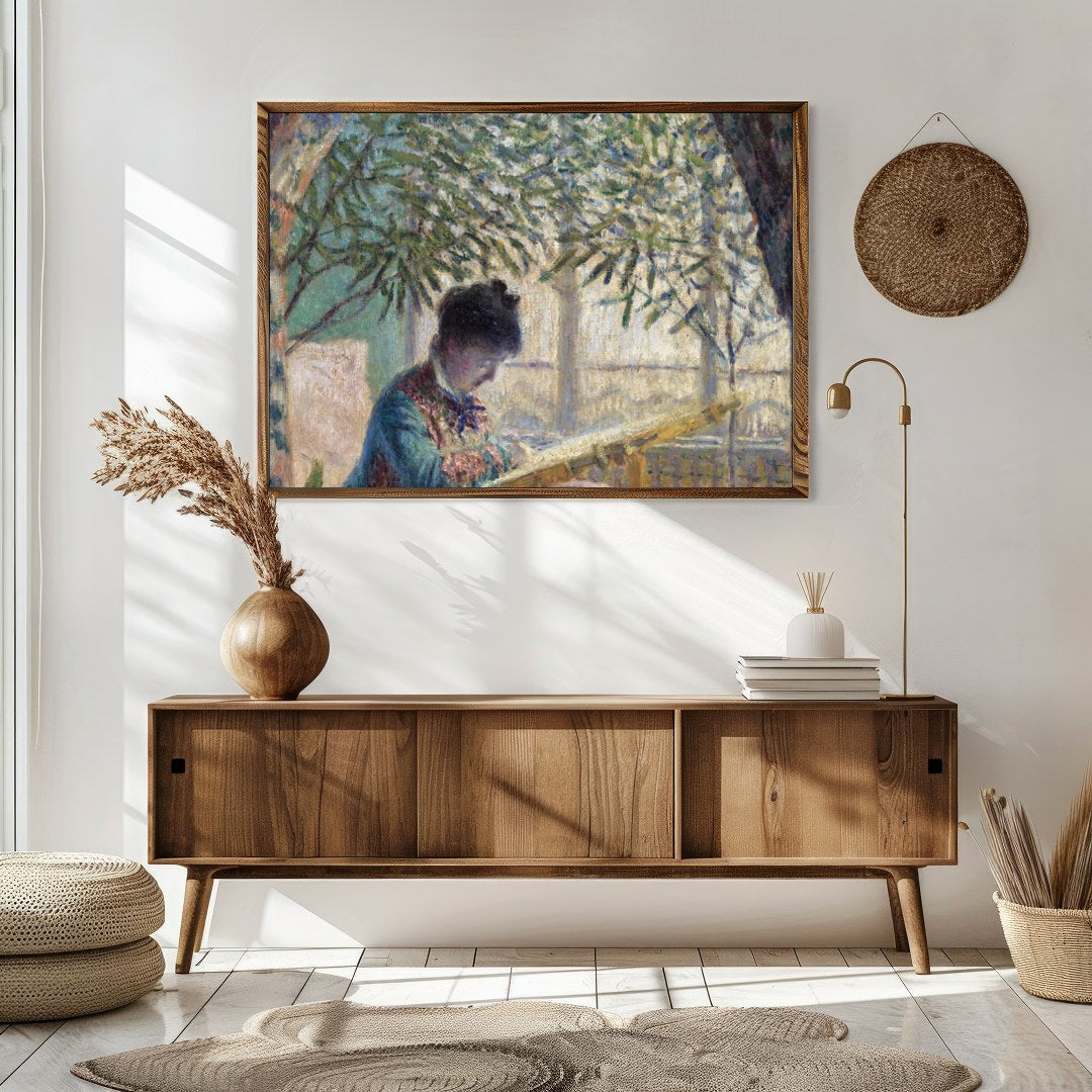 Immerse yourself in the soothing ambiance of a serene garden scene, where a woman quietly reads for Sitting Area