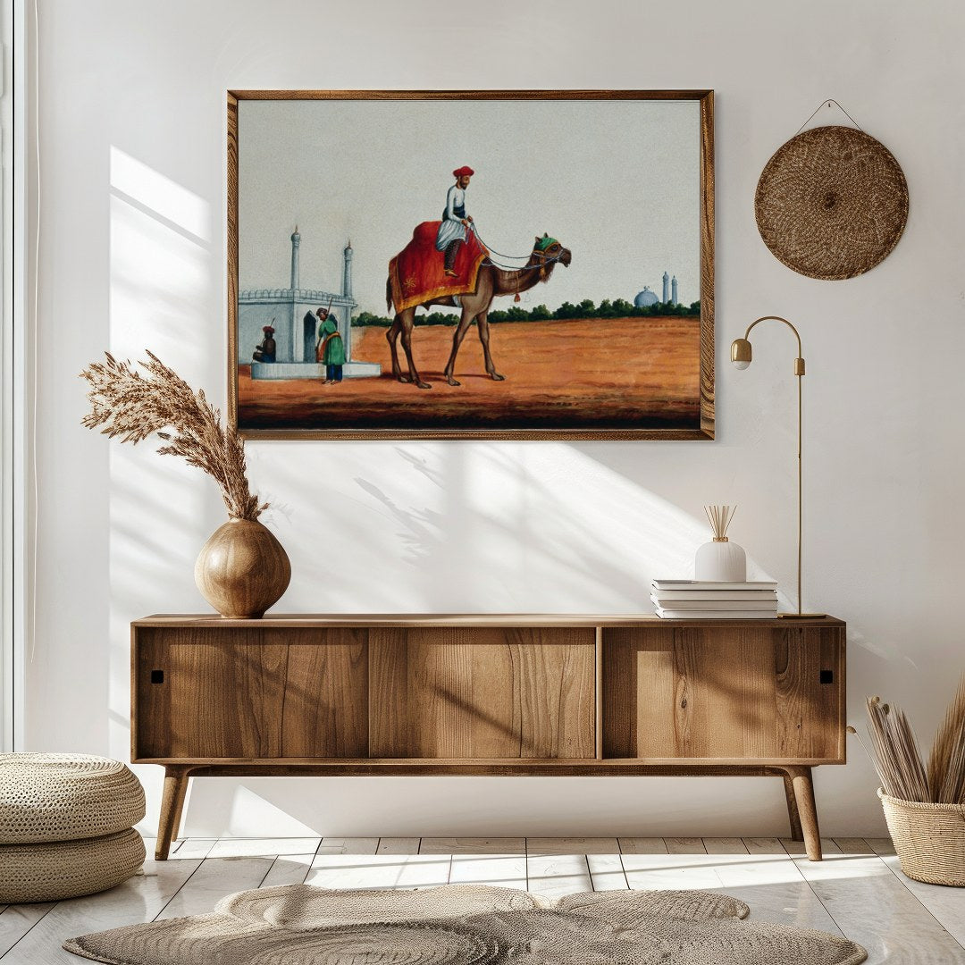 Immerse yourself in a scene of serene travel with this exquisite artwork depicting a rider on a for Sitting Area