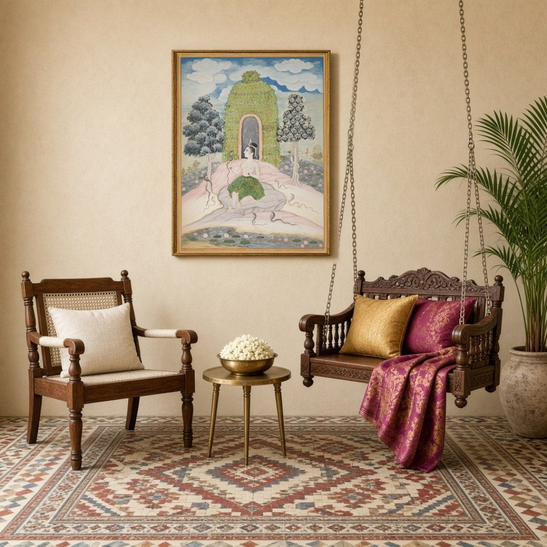 Immerse yourself in the serene elegance of this exquisite artwork depicting Lord Shiva in for Sitting Lounge