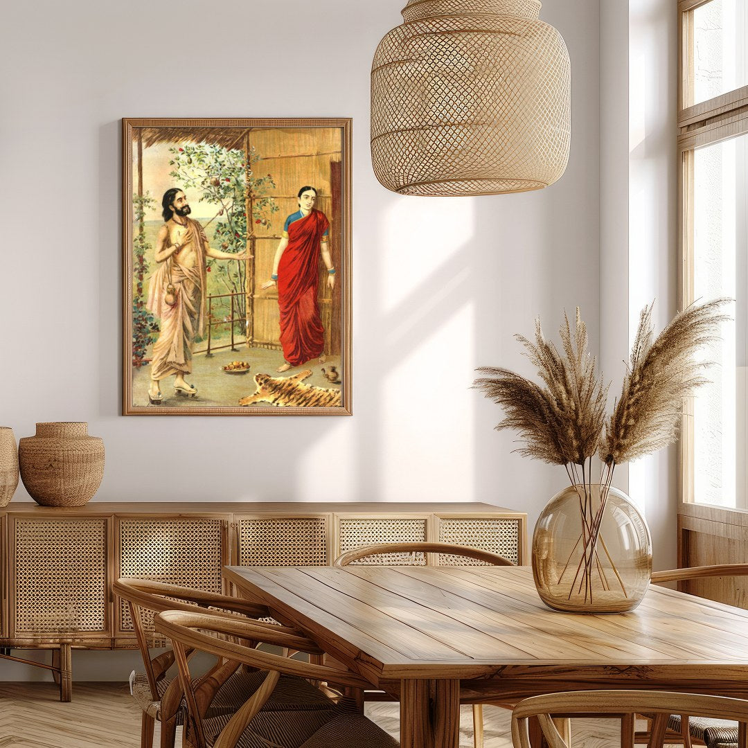 This captivating artwork captures a serene moment between two figures in traditional Indian attire. for Extra Kitchen