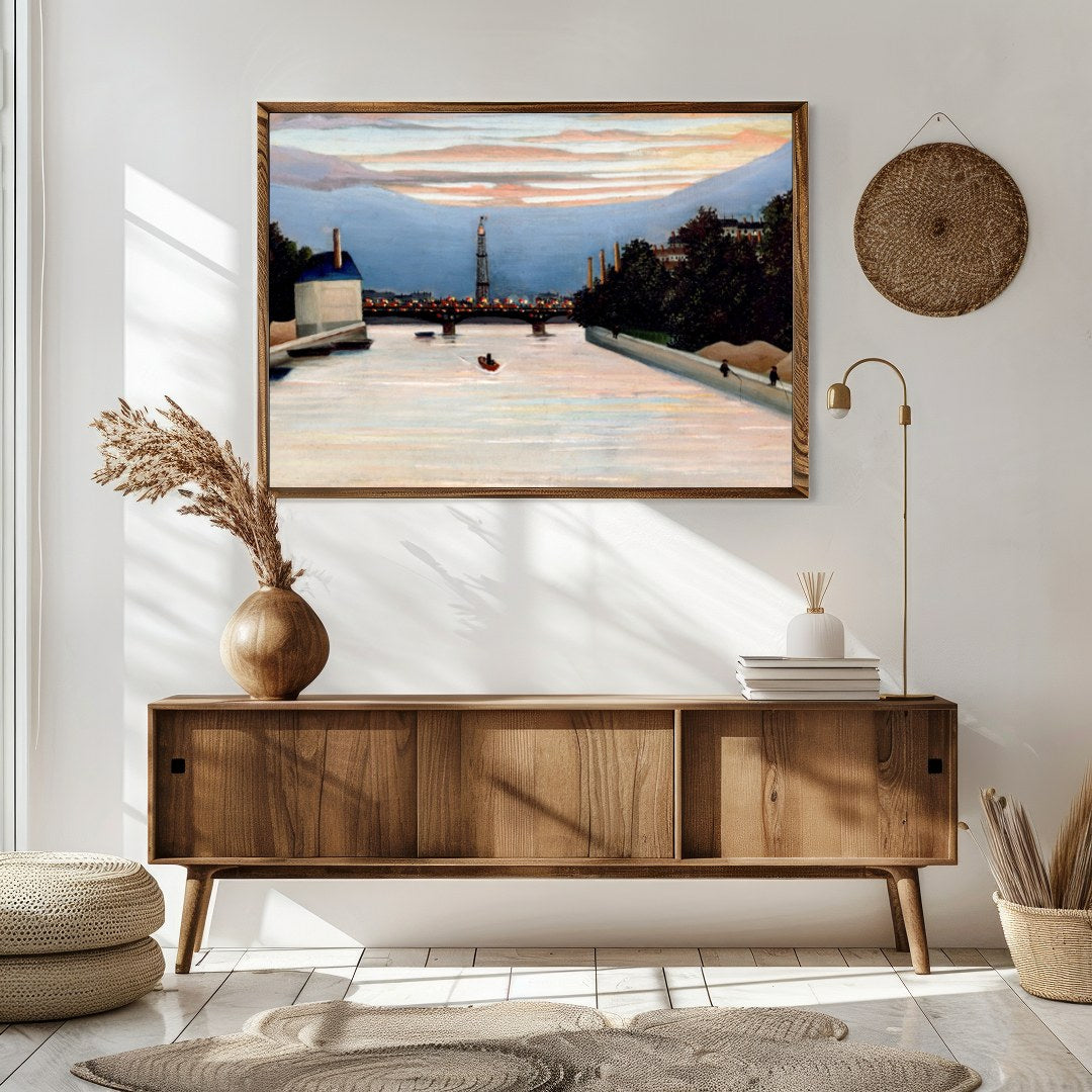 This stunning piece captures the sublime serenity of a river at dusk, with city lights beginning to for Sitting Area
