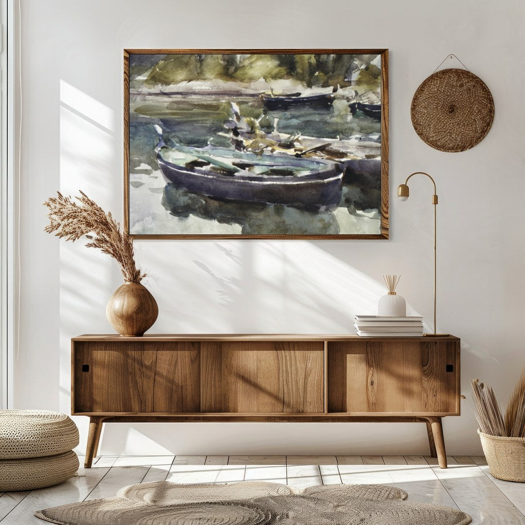 This serene watercolor painting captures the gentle stillness of rowboats resting on a misty lake. for Sitting Area