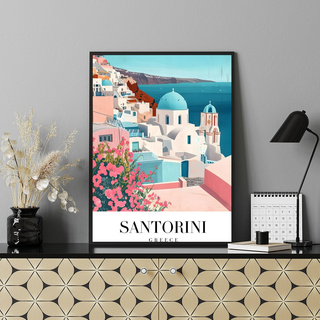 Immerse yourself in the idyllic charm of Santorini with this beautifully crafted artwork. Featuring for Shelf